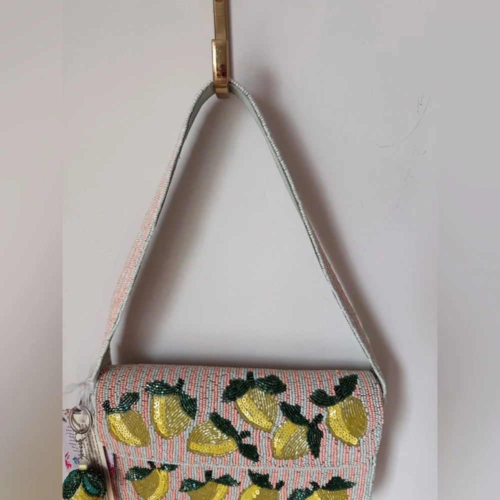 Viral beaded lemon pink white striped Shoulder Bag with beaded lemon charm - Picture 3 of 5
